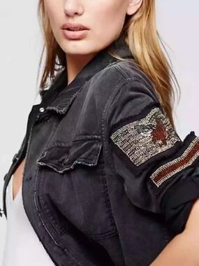 Free People Black Washed Button-Down Denim Shirt Jacket
